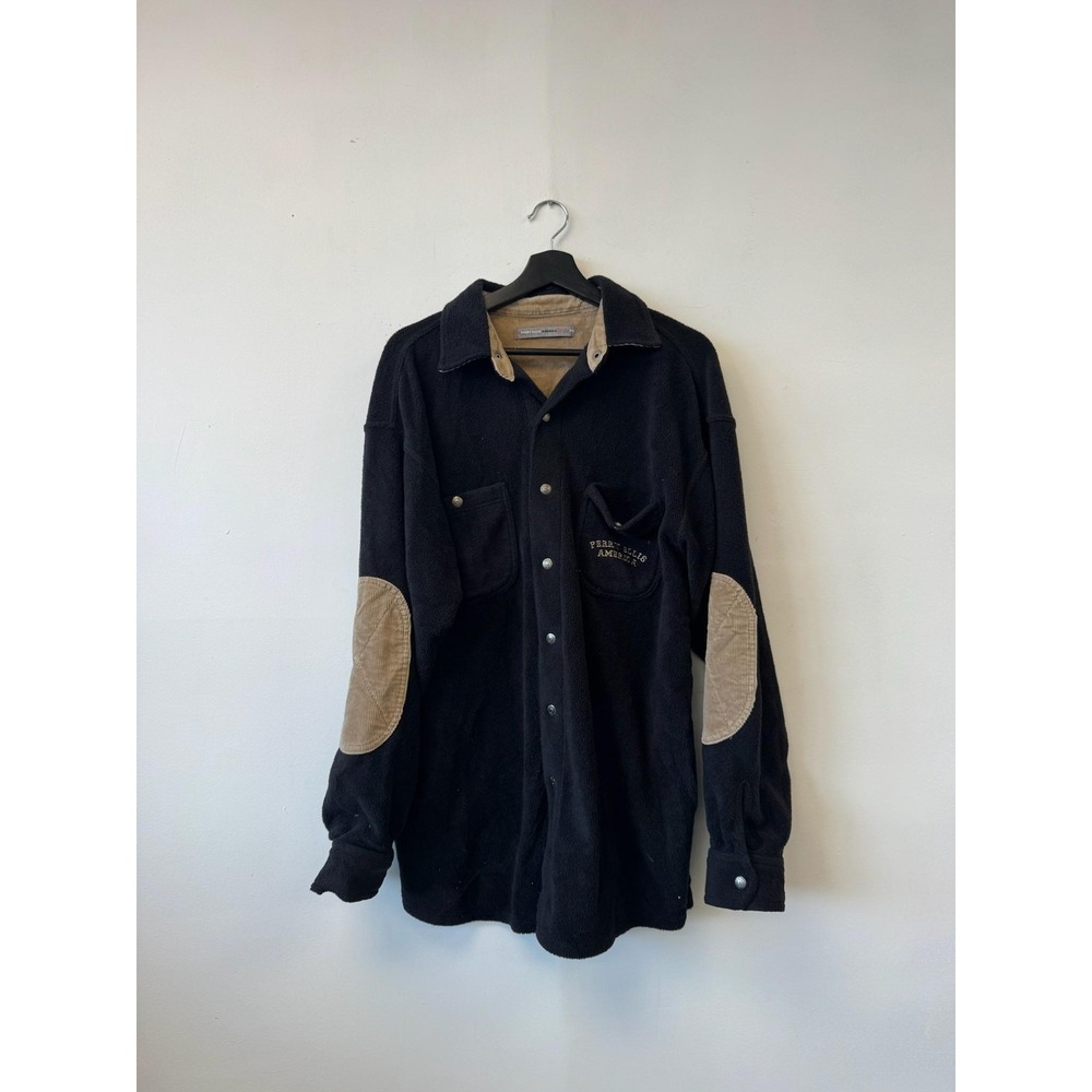 Vintage Perry‎ Ellis America Shacket Mens Large Black Tan Fleece Snap Shirt 90s